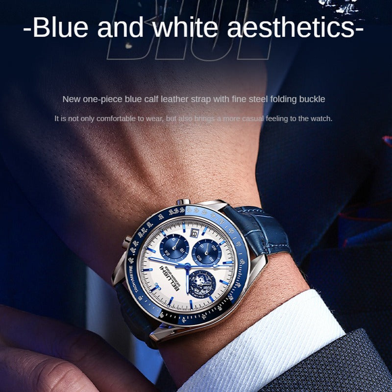 Business Luxury Round Top Brand Luxury Chronograph Calender Genuine Leather Waterproof Luminous Men Wrist Quartz Watches