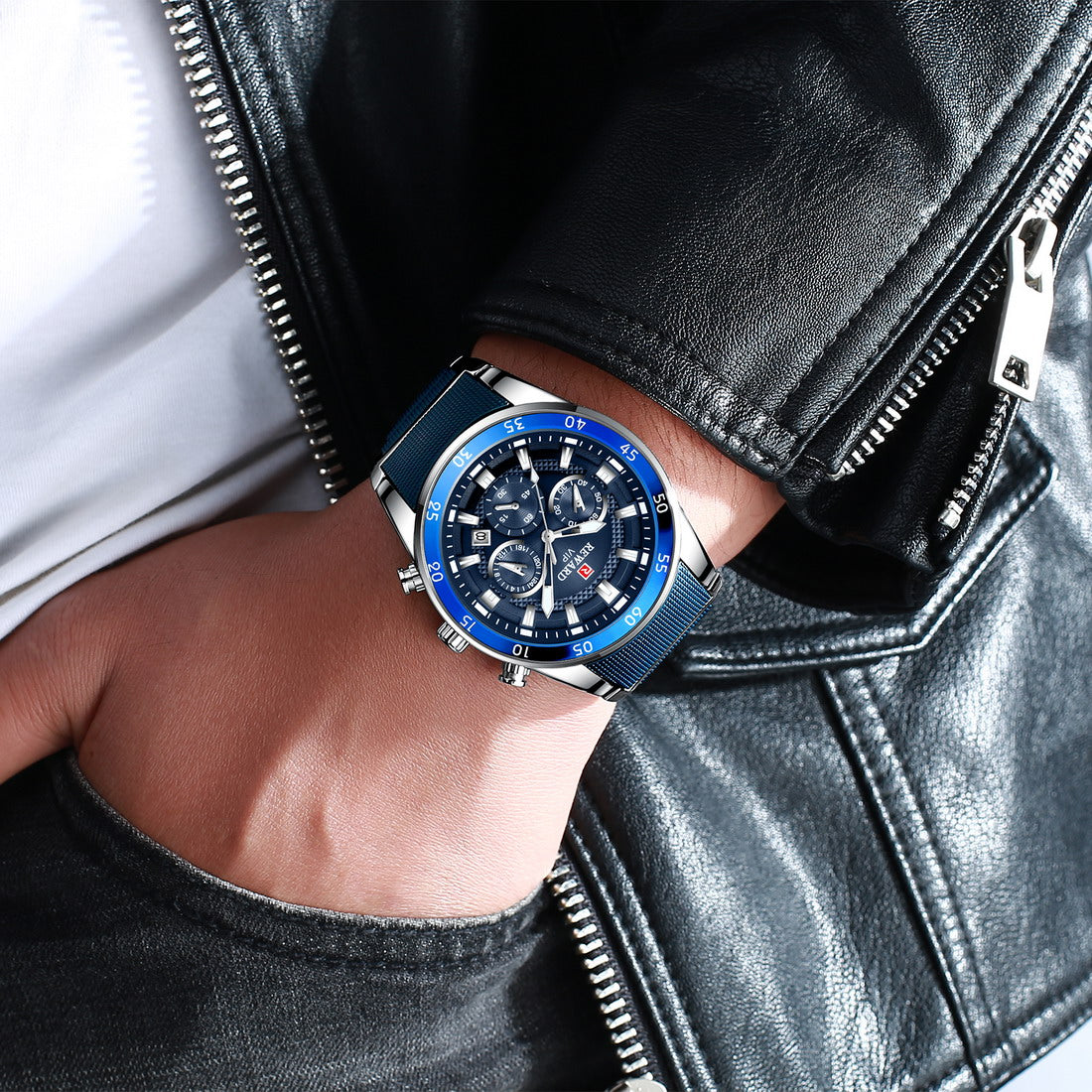 REWARD Men's Quartz Business Watch Stainless Steel 3-Eyes Calendar Wristwatch