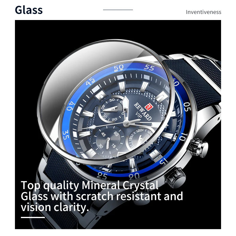 REWARD Men's Quartz Business Watch Stainless Steel 3-Eyes Calendar Wristwatch