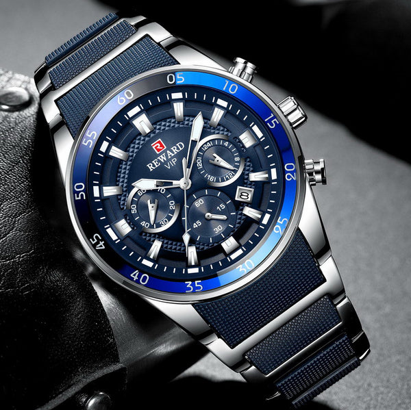 REWARD Men's Quartz Business Watch Stainless Steel 3-Eyes Calendar Wristwatch