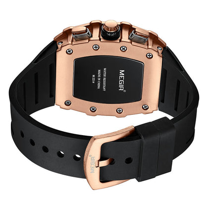 MEGIR Men's Luxury Chronograph Quartz Watch | Rose Gold Case | Black Silicone Strap | Analog Sports Wrist Watch