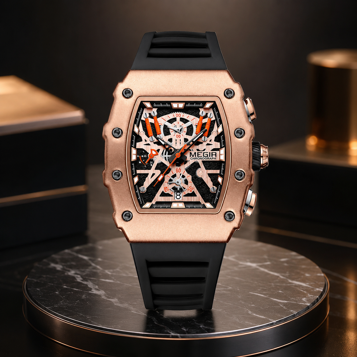 MEGIR Men's Luxury Chronograph Quartz Watch | Rose Gold Case | Black Silicone Strap | Analog Sports Wrist Watch