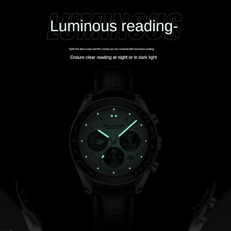 Business Luxury Round Top Brand Luxury Chronograph Calender Genuine Leather Waterproof Luminous Men Wrist Quartz Watches