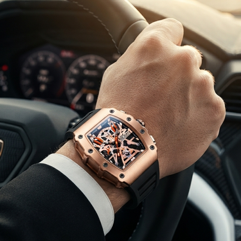 MEGIR Men's Luxury Chronograph Quartz Watch | Rose Gold Case | Black Silicone Strap | Analog Sports Wrist Watch detail view