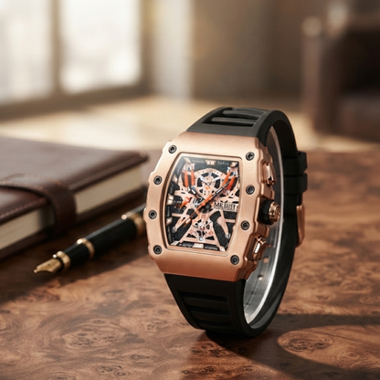 MEGIR Men's Luxury Chronograph Quartz Watch | Rose Gold Case | Black Silicone Strap | Analog Sports Wrist Watch