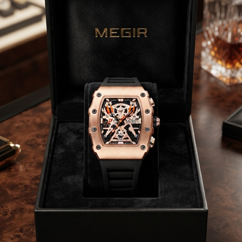 MEGIR Men's Luxury Chronograph Quartz Watch | Rose Gold Case | Black Silicone Strap | Analog Sports Wrist Watch