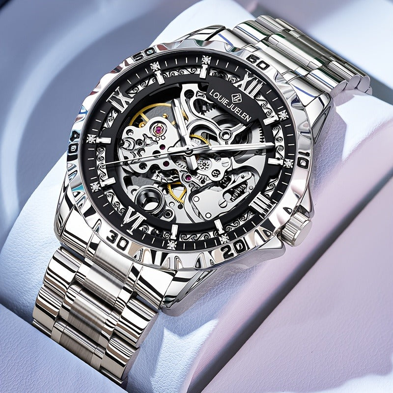 LOUIE JUELEN Automatic Skeleton Mechanical Watch Men's Business Watch Water-Resistant Luminous Men's Wristwatch