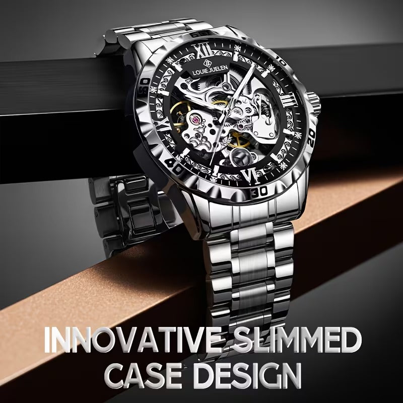 LOUIE JUELEN Automatic Skeleton Mechanical Watch Men's Business Watch Water-Resistant Luminous Men's Wristwatch