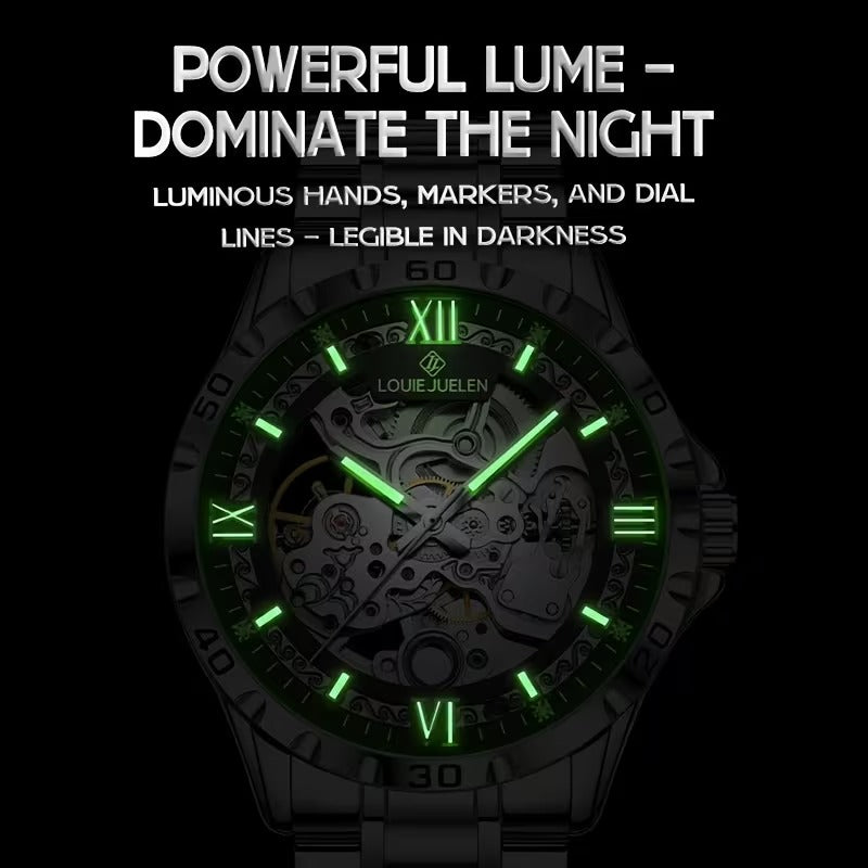 LOUIE JUELEN Automatic Skeleton Mechanical Watch Men's Business Watch Water-Resistant Luminous Men's Wristwatch