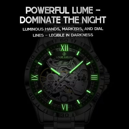 LOUIE JUELEN Automatic Skeleton Mechanical Watch Men's Business Watch Water-Resistant Luminous Men's Wristwatch