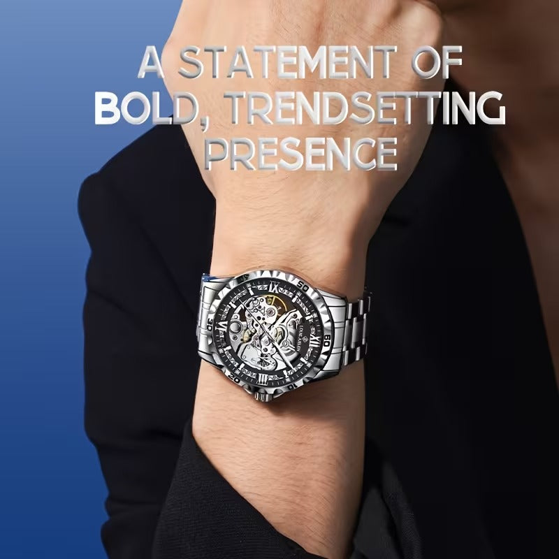 LOUIE JUELEN Automatic Skeleton Mechanical Watch Men's Business Watch Water-Resistant Luminous Men's Wristwatch