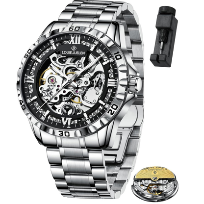 LOUIE JUELEN Automatic Skeleton Mechanical Watch Men's Business Watch Water-Resistant Luminous Men's Wristwatch