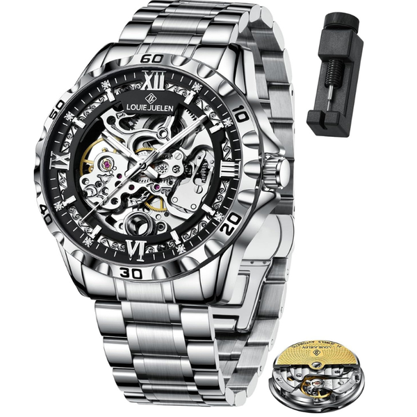 LOUIE JUELEN Automatic Skeleton Mechanical Watch Men's Business Watch Water-Resistant Luminous Men's Wristwatch