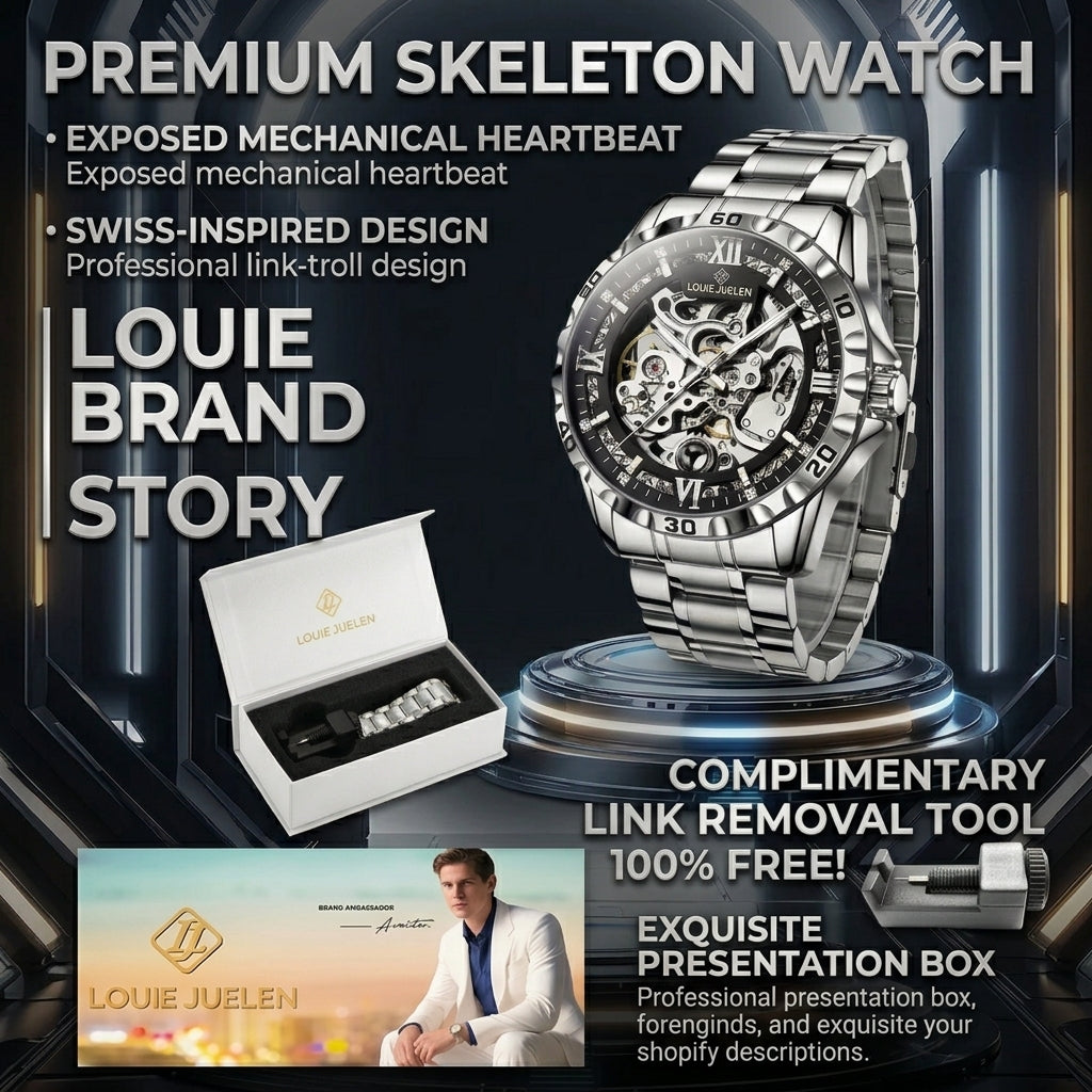 LOUIE JUELEN Automatic Skeleton Mechanical Watch Men's Business Watch Water-Resistant Luminous Men's Wristwatch