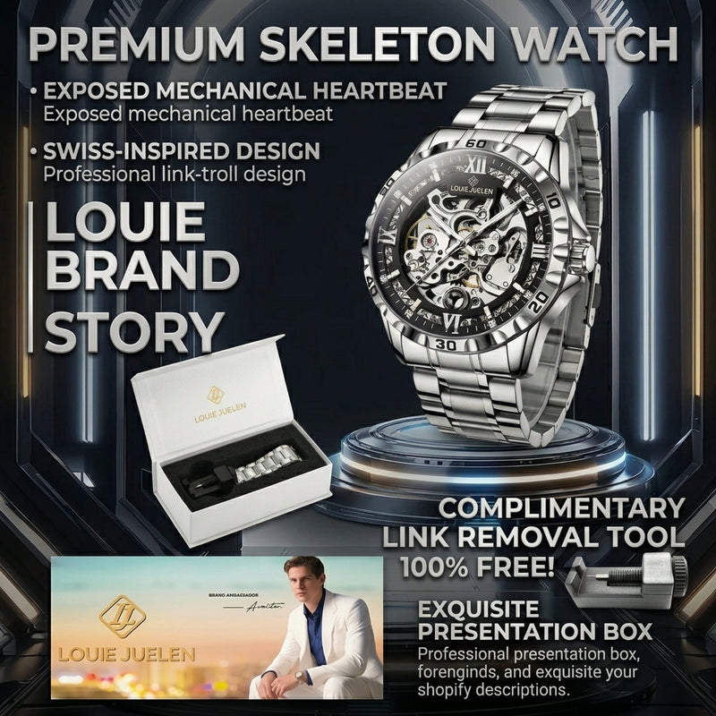 LOUIE JUELEN Automatic Skeleton Mechanical Watch Men's Business Watch Water-Resistant Luminous Men's Wristwatch detail view